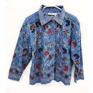 Womens Vintage Units Denim Floral Embroidered Shirt Jacket Size M